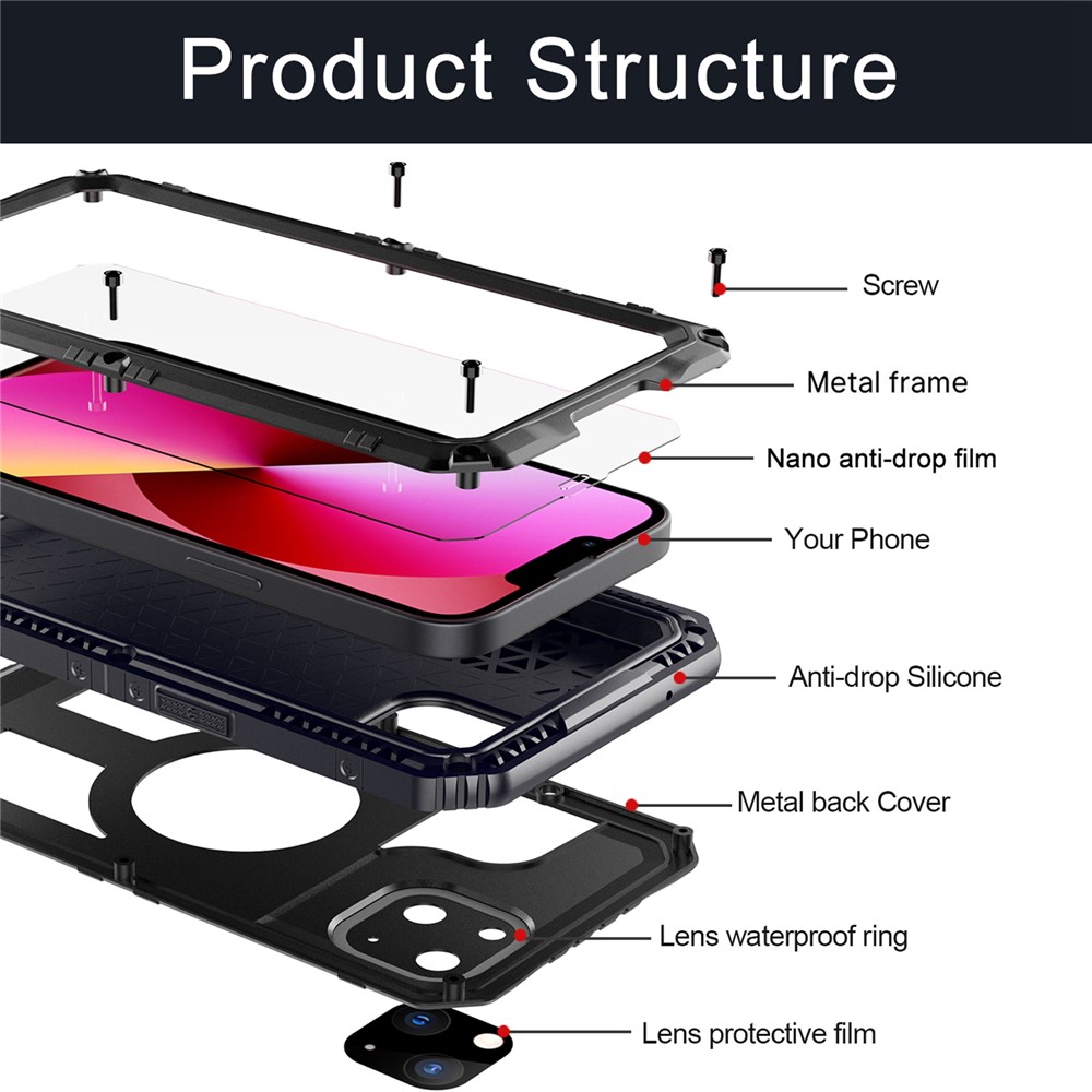 Anti-drop Shockproof Waterproof Dust-proof Silicone + Metal Protective Phone Case Shell for iPhone 13 6.1 inch - Black-9