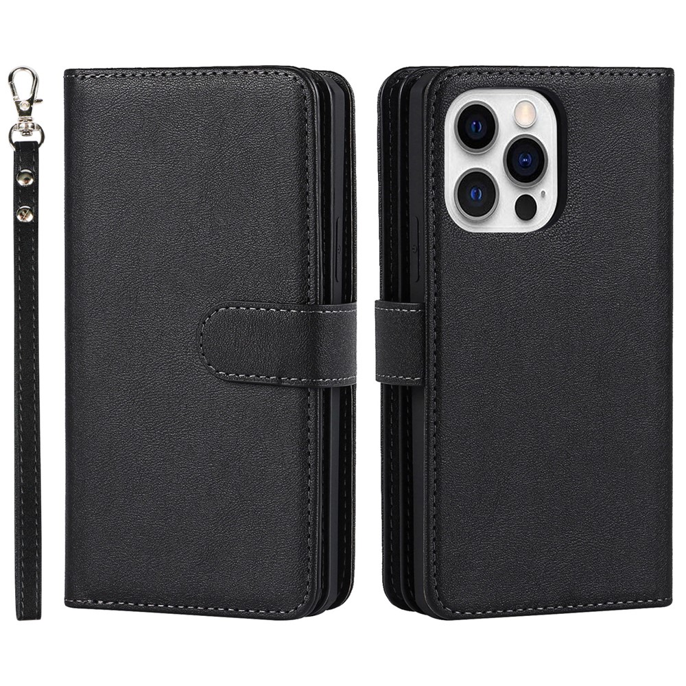 Detachable Design PU Leather Wallet Stand Drop Resistant Phone Case Shell with Wrist Strap for iPhone 13 Pro Max 6.7 inch - Black-1