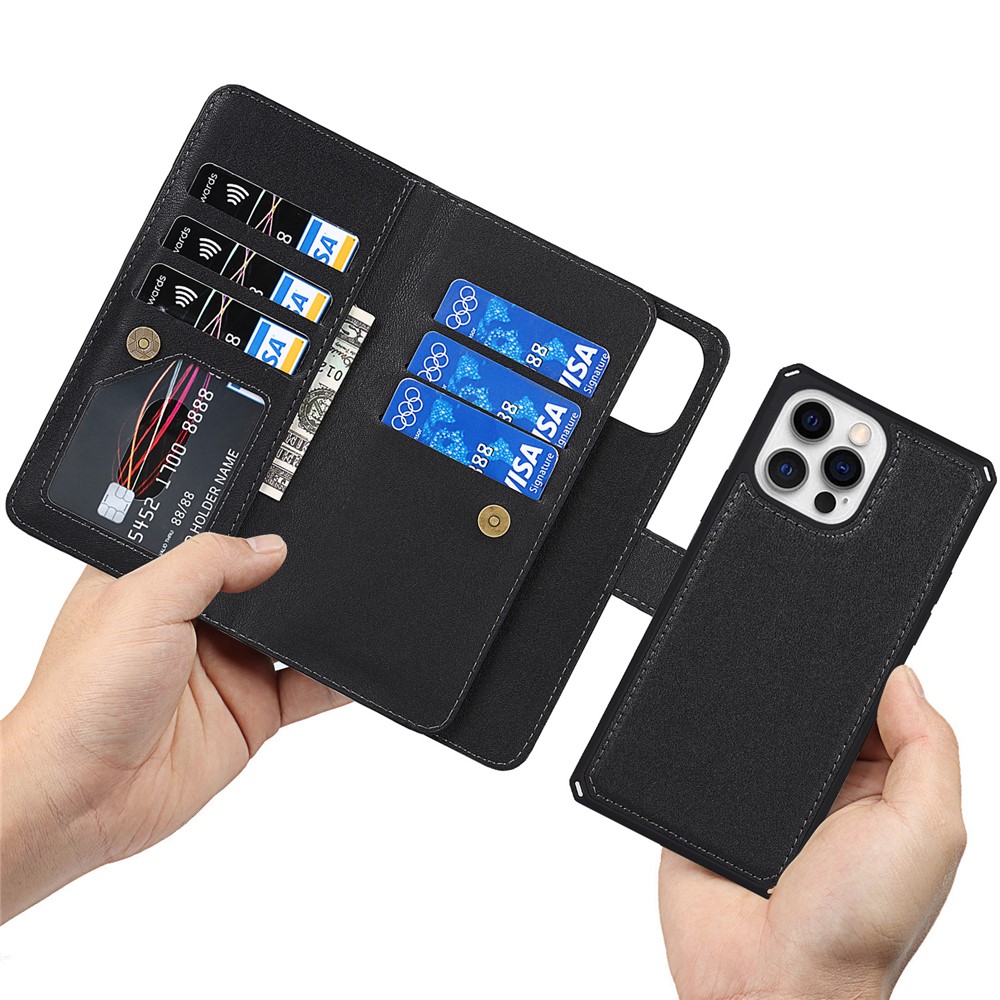 Detachable Design PU Leather Wallet Stand Drop Resistant Phone Case Shell with Wrist Strap for iPhone 13 Pro Max 6.7 inch - Black-10