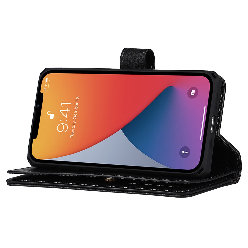 Detachable Design PU Leather Wallet Stand Drop Resistant Phone Case Shell with Wrist Strap for iPhone 13 Pro Max 6.7 inch - Black-4