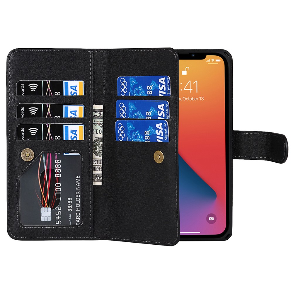 Detachable Design PU Leather Wallet Stand Drop Resistant Phone Case Shell with Wrist Strap for iPhone 13 Pro Max 6.7 inch - Black-7