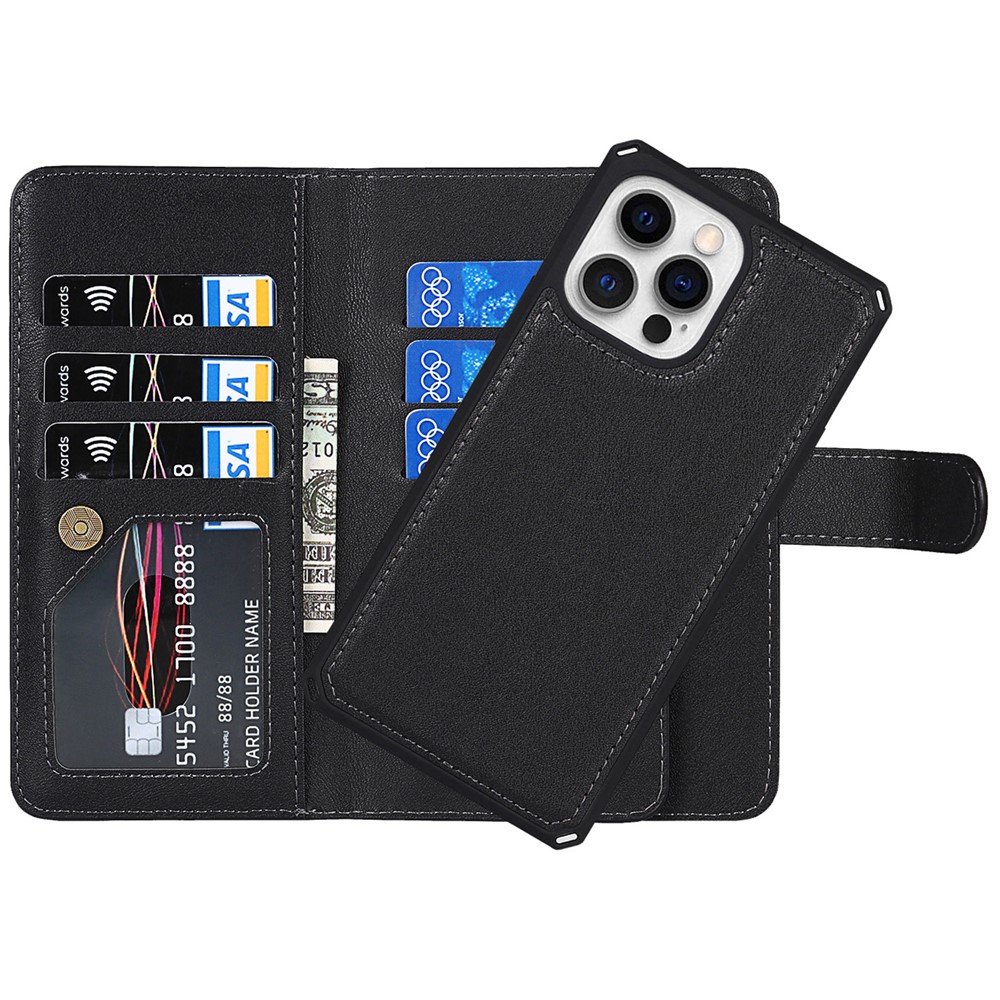 Detachable Design PU Leather Wallet Stand Drop Resistant Phone Case Shell with Wrist Strap for iPhone 13 Pro Max 6.7 inch - Black-8