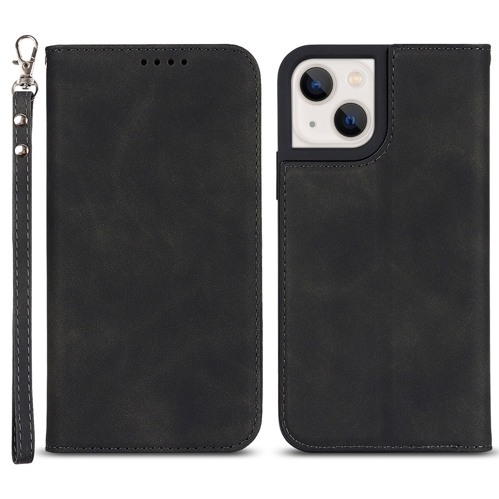 PU Leather Skin-touch Feeling Auto-absorbed Phone Case Shell with Wallet Stand for iPhone 13 6.1 inch - Black-1