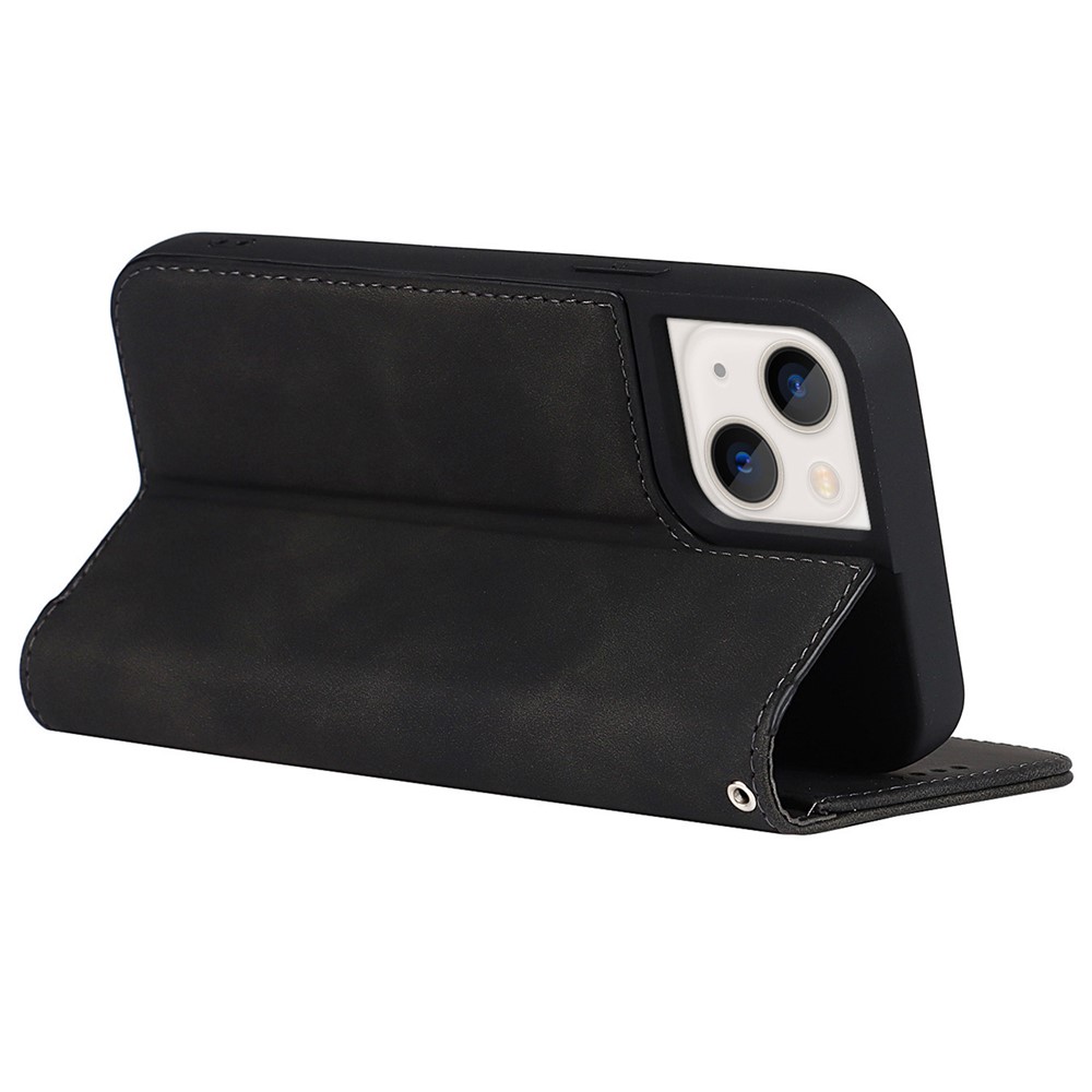 PU Leather Skin-touch Feeling Auto-absorbed Phone Case Shell with Wallet Stand for iPhone 13 6.1 inch - Black-4
