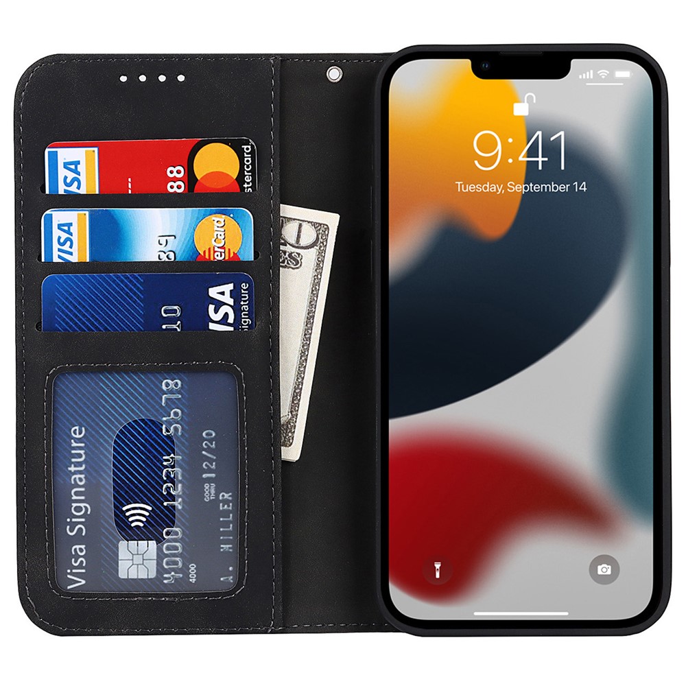 PU Leather Skin-touch Feeling Auto-absorbed Phone Case Shell with Wallet Stand for iPhone 13 6.1 inch - Black-6