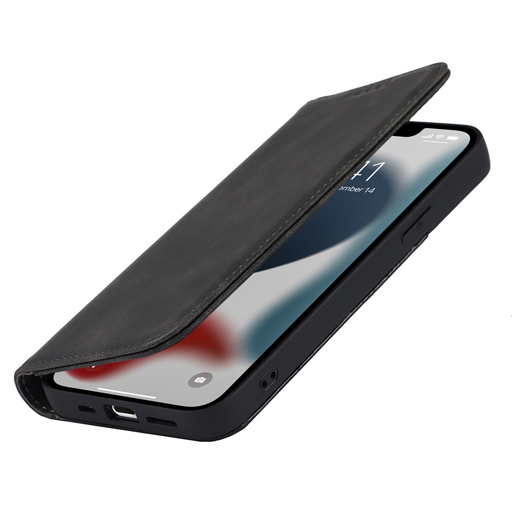 PU Leather Skin-touch Feeling Auto-absorbed Phone Case Shell with Wallet Stand for iPhone 13 6.1 inch - Black-8