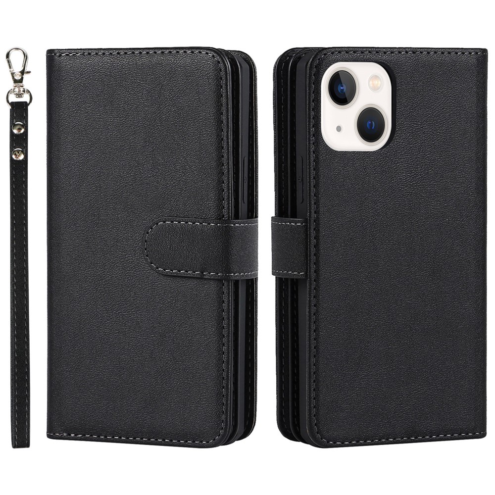 Shock Absorption Detachable PU Leather Wallet Stand Phone Case Shell with Wrist Strap for iPhone 13 mini 5.4 inch - Black