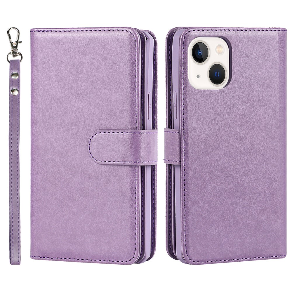 Shock Absorption Detachable PU Leather Wallet Stand Phone Case Shell with Wrist Strap for iPhone 13 mini 5.4 inch - Purple