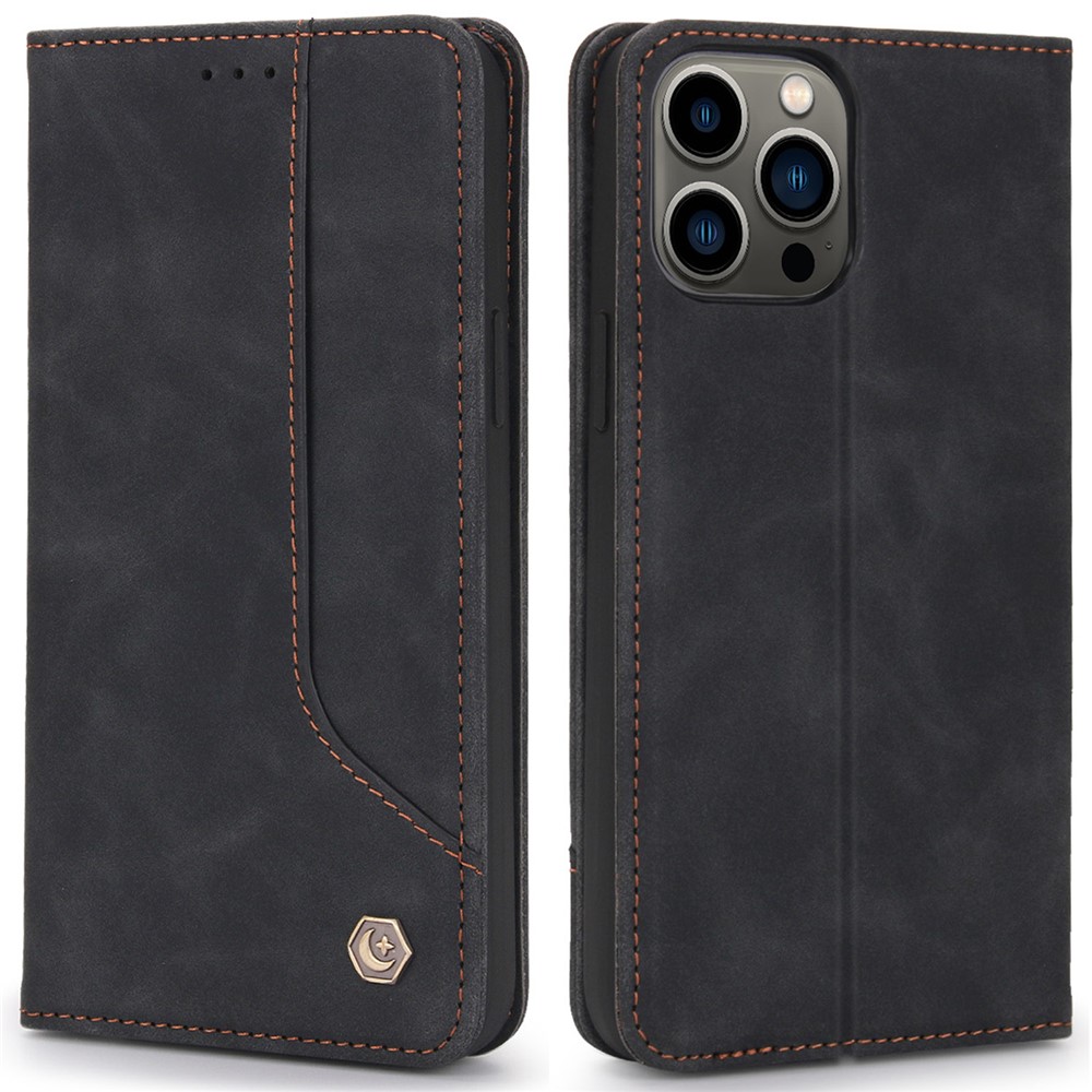 POLA 008 Series Retro PU Leather + Inner TPU Stand Hidden Magnetic Adsorption Shockproof Flip Wallet Case for iPhone 13 Pro Max 6.7 inch - Black-1