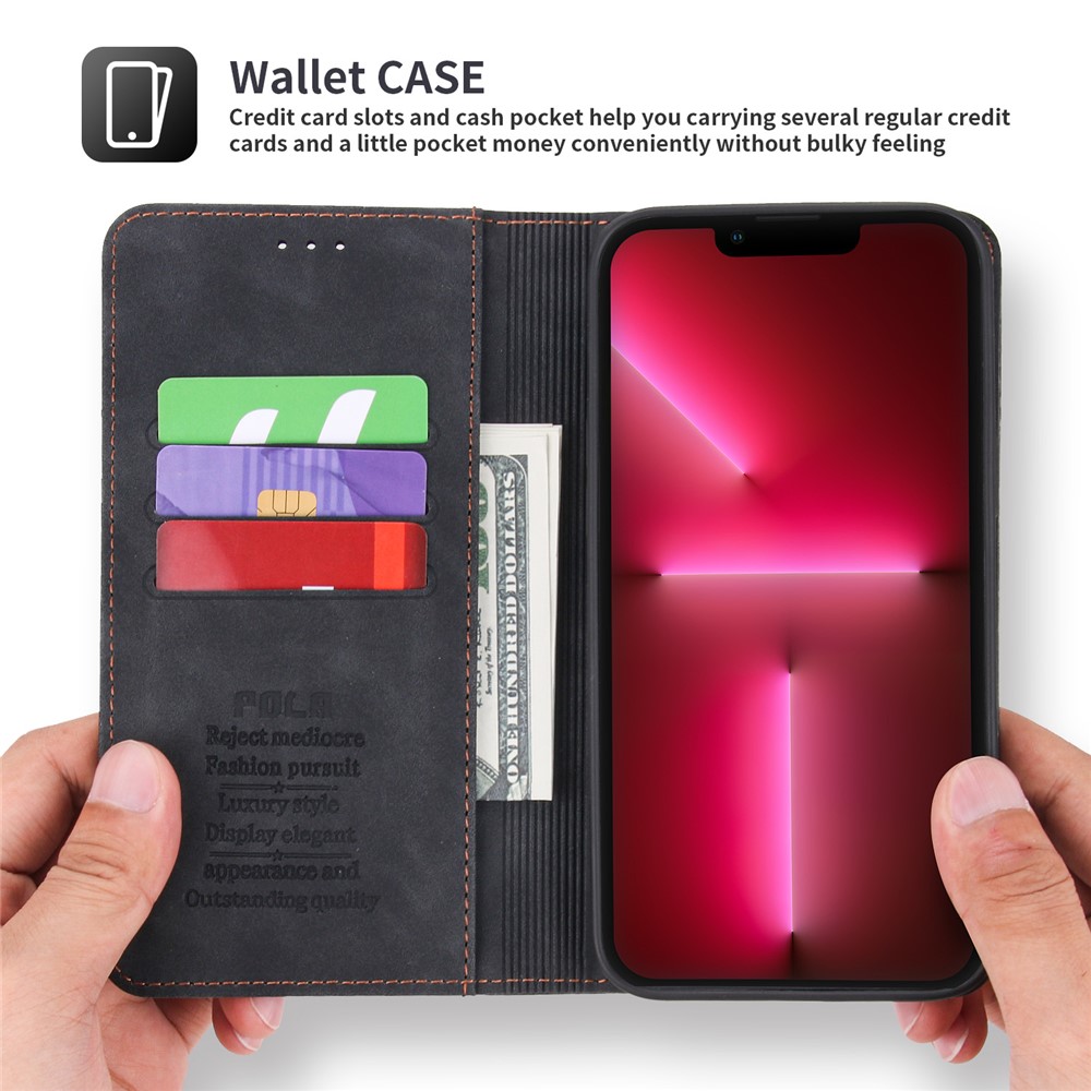 POLA 008 Series Retro PU Leather + Inner TPU Stand Hidden Magnetic Adsorption Shockproof Flip Wallet Case for iPhone 13 Pro Max 6.7 inch - Black-6