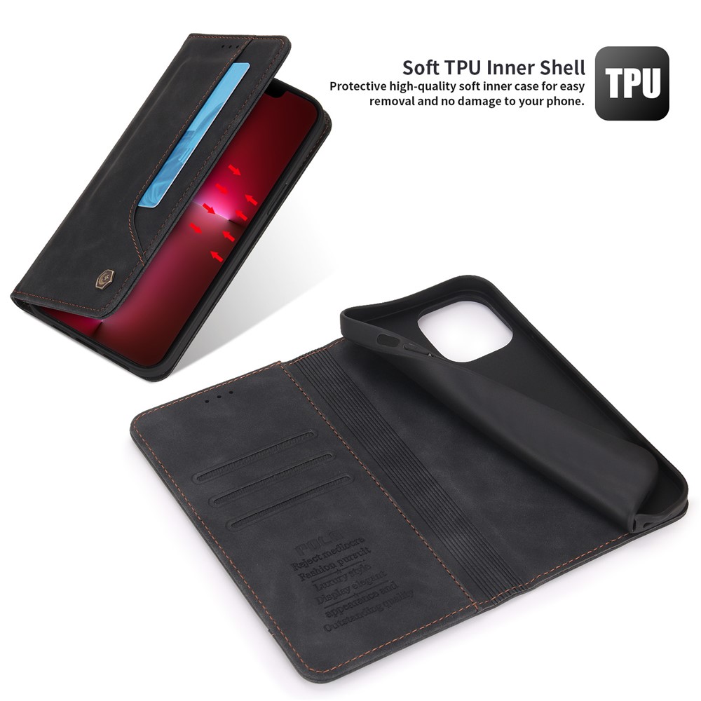 POLA 008 Series Retro PU Leather + Inner TPU Stand Hidden Magnetic Adsorption Shockproof Flip Wallet Case for iPhone 13 Pro Max 6.7 inch - Black-8