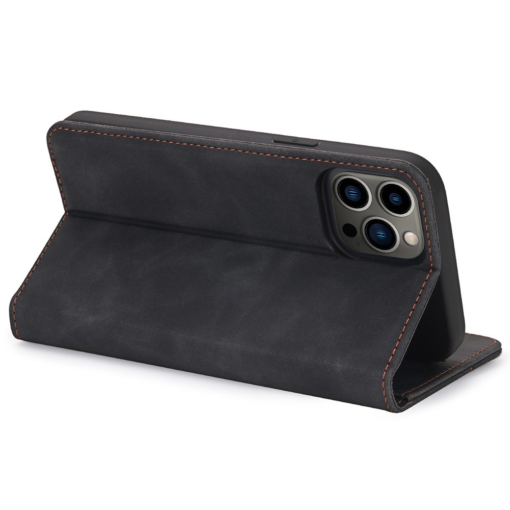 POLA 008 Series Auto Closing Magnetic Retro PU Leather Flip Wallet Phone Case with Stand for iPhone 13 Pro 6.1 inch - Black-4