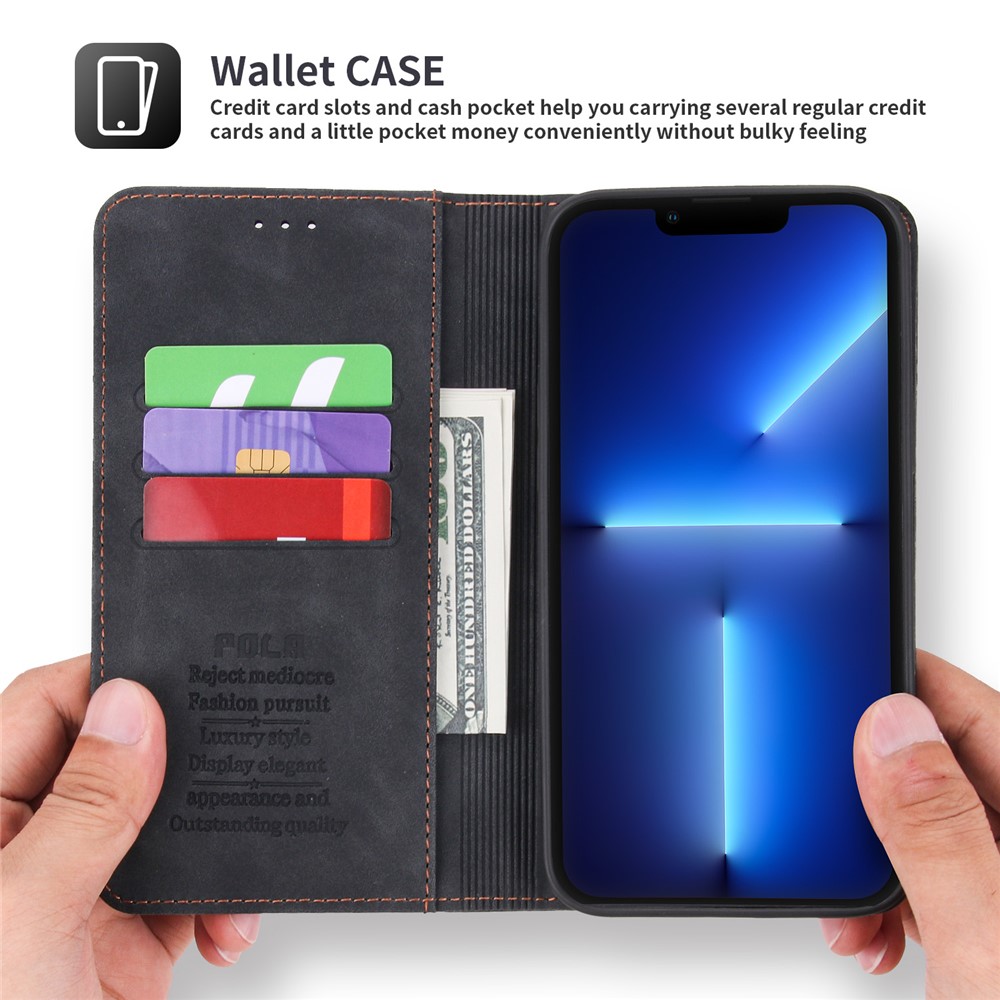 POLA 008 Series Auto Closing Magnetic Retro PU Leather Flip Wallet Phone Case with Stand for iPhone 13 Pro 6.1 inch - Black-6