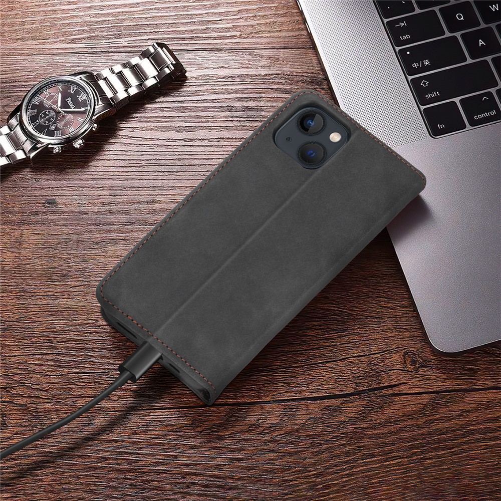 POLA 008 Series Auto Magnetic Closed Retro PU Leather Wallet Case Stand All-Round Protection Phone Cover for iPhone 13 mini 5.4 inch - Black-11