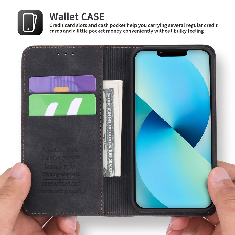 POLA 008 Series Auto Magnetic Closed Retro PU Leather Wallet Case Stand All-Round Protection Phone Cover for iPhone 13 mini 5.4 inch - Black-6