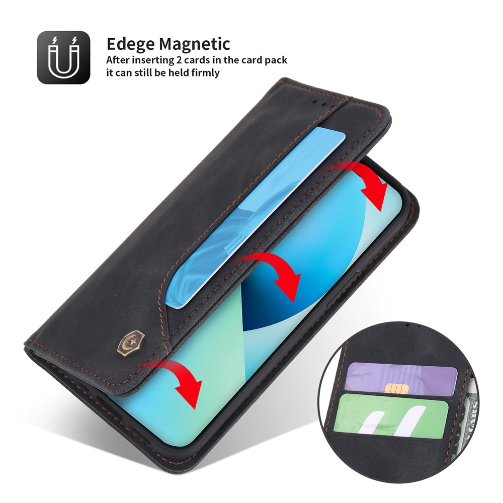POLA 008 Series Auto Magnetic Closed Retro PU Leather Wallet Case Stand All-Round Protection Phone Cover for iPhone 13 mini 5.4 inch - Black-7