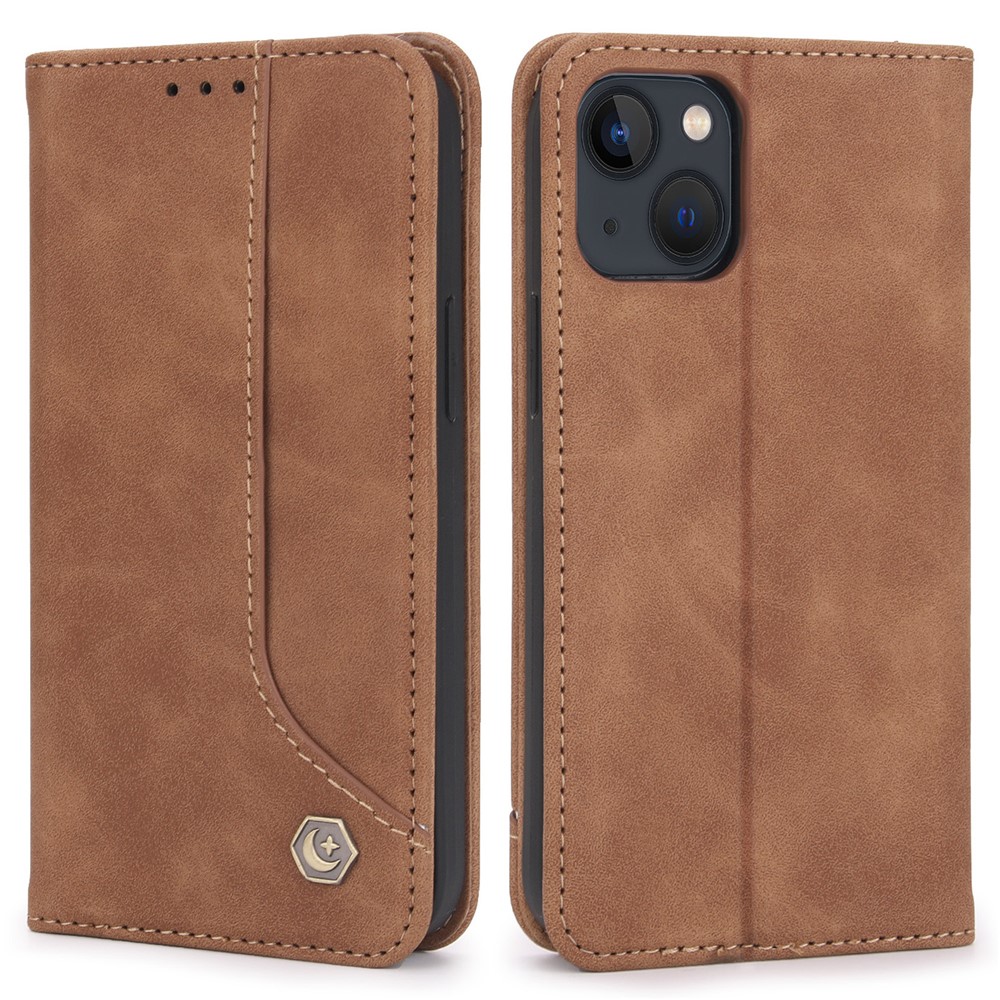 POLA 008 Series Auto Magnetic Closed Retro PU Leather Wallet Case Stand All-Round Protection Phone Cover for iPhone 13 mini 5.4 inch - Brown