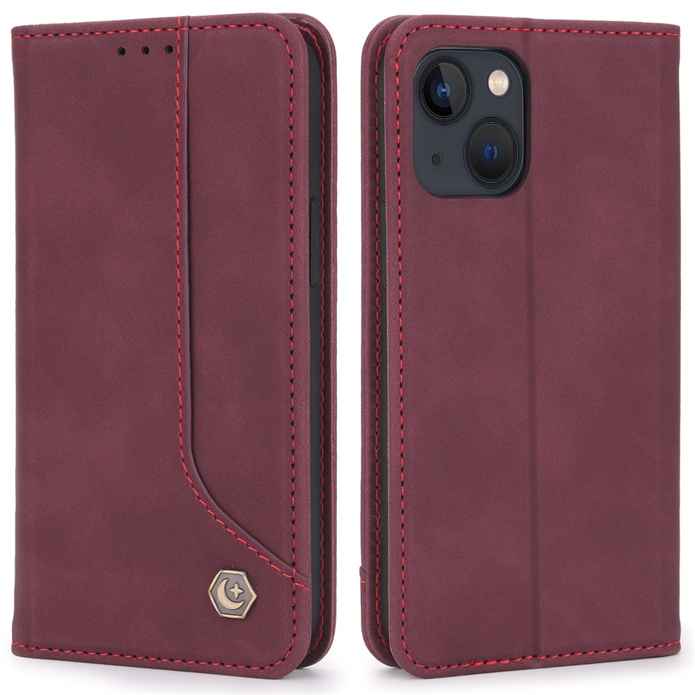POLA 008 Series Auto Magnetic Closed Retro PU Leather Wallet Case Stand All-Round Protection Phone Cover for iPhone 13 mini 5.4 inch - Wine Red