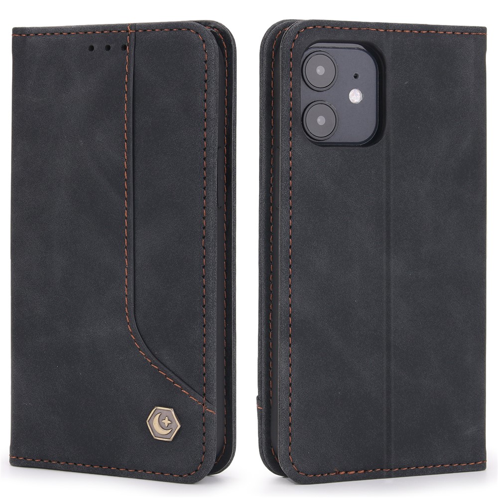 POLA 008 Series Wallet Design PU Leather Retro Folio Flip Case Stand Magnetic Auto-absorbed Shockproof Protection Cover for iPhone 12 mini 5.4 inch - Black