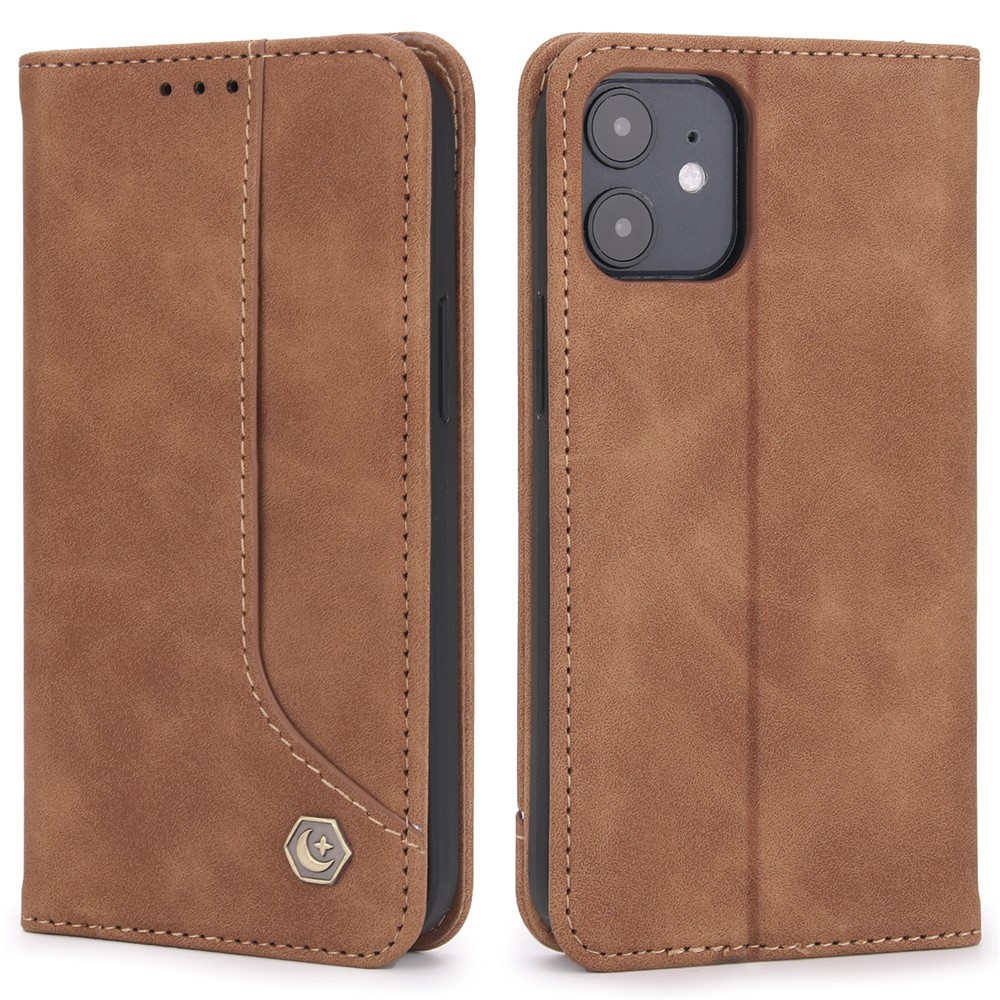 POLA 008 Series Wallet Design PU Leather Retro Folio Flip Case Stand Magnetic Auto-absorbed Shockproof Protection Cover for iPhone 12 mini 5.4 inch - Brown