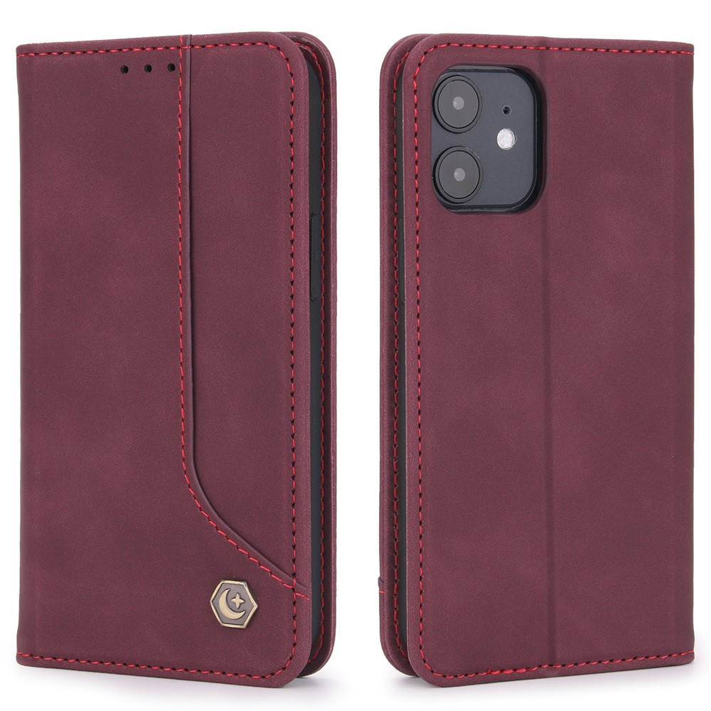 POLA 008 Series Wallet Design PU Leather Retro Folio Flip Case Stand Magnetic Auto-absorbed Shockproof Protection Cover for iPhone 12 mini 5.4 inch - Wine Red