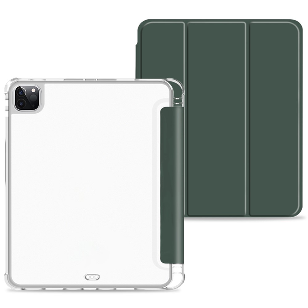 Anti-drop Trifold Stand Protective Cover Shockproof Transparent Tablet Case with Pencil Holder for iPad Pro 12.9-inch (2021) - Midnight Green-1