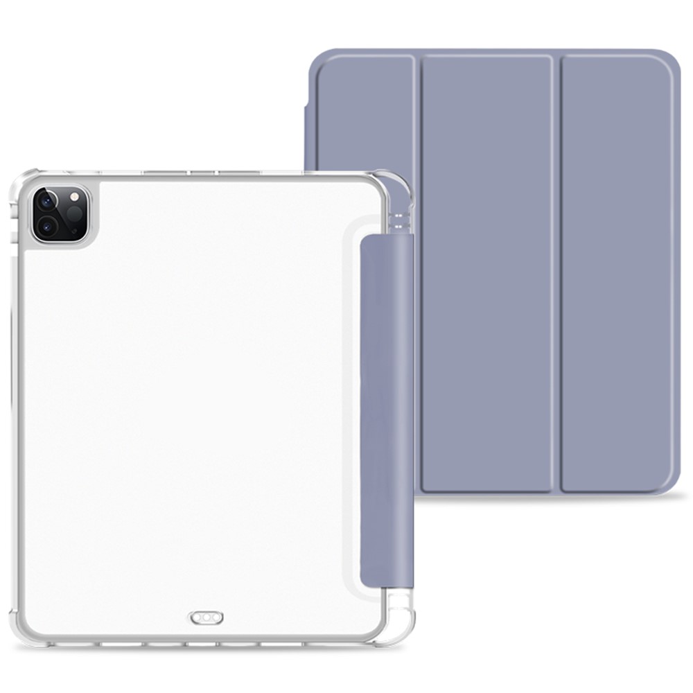 Anti-drop Trifold Stand Protective Cover Shockproof Transparent Tablet Case with Pencil Holder for iPad Pro 12.9-inch (2021) - Purple