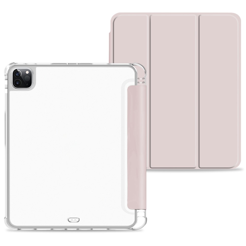 Anti-drop Trifold Stand Protective Cover Shockproof Transparent Tablet Case with Pencil Holder for iPad Pro 12.9-inch (2021) - Pink