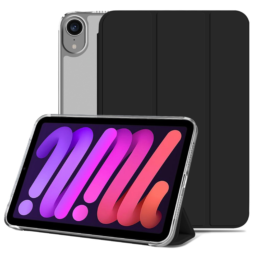 Stylish Auto Wake/Sleep PU Leather+PC+TPU Tri-fold Stand Tablet Well-protected Cover Case for iPad mini (2021) - Black-1