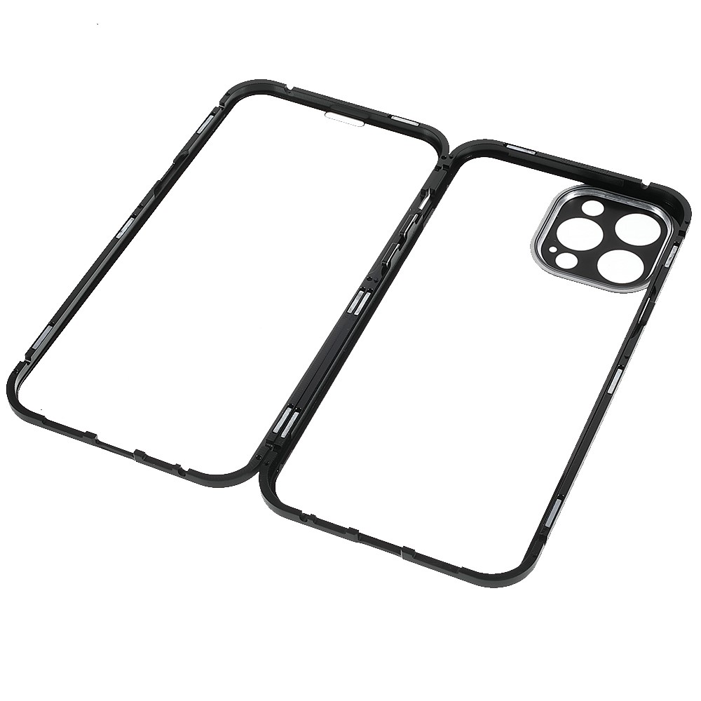 For iPhone 13 Pro 6.1 inch Magnetic Adsorption Metal Bumper Frame Cover Double-sided Tempered Glass Shock-Absorption Phone Case - Black-7
