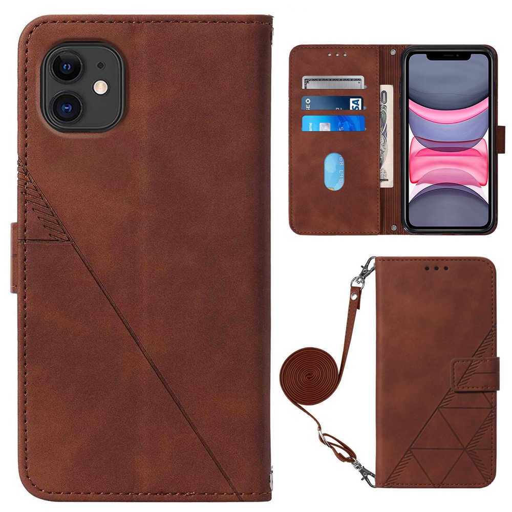 PB2-1 Series PU Leather + TPU Cell Phone Case Imprinting Lines Stand Wallet Anti-fall Cover with Shoulder Strap for iPhone 11 6.1 inch - Brown-1