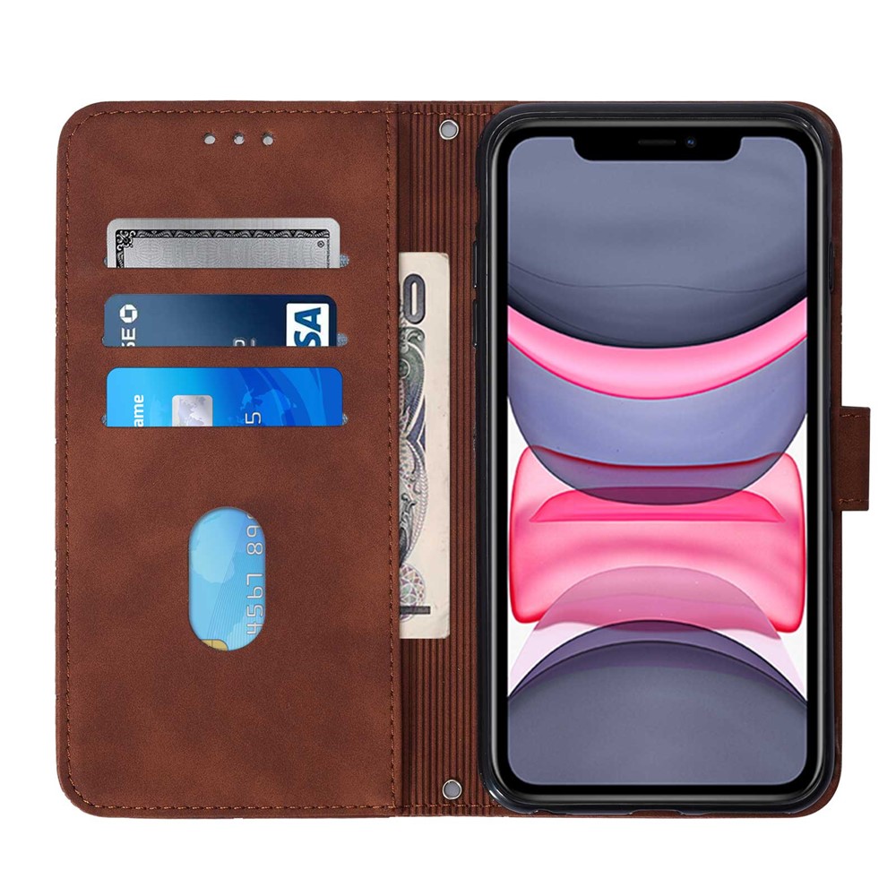 PB2-1 Series PU Leather + TPU Cell Phone Case Imprinting Lines Stand Wallet Anti-fall Cover with Shoulder Strap for iPhone 11 6.1 inch - Brown-4
