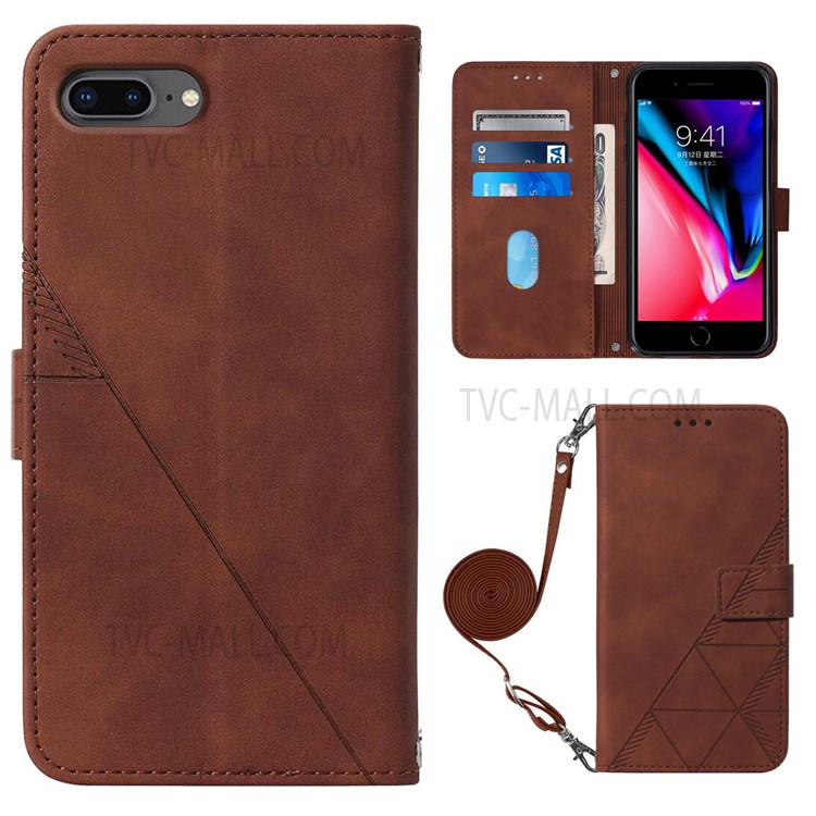 PB2-1 Series Imprinting Lines PU Leather + TPU Phone Case Stand Wallet Cover with Shoulder Strap for iPhone 6 Plus / 7 Plus / 8 Plus - Brown-1
