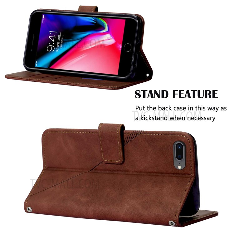 PB2-1 Series Imprinting Lines PU Leather + TPU Phone Case Stand Wallet Cover with Shoulder Strap for iPhone 6 Plus / 7 Plus / 8 Plus - Brown-5