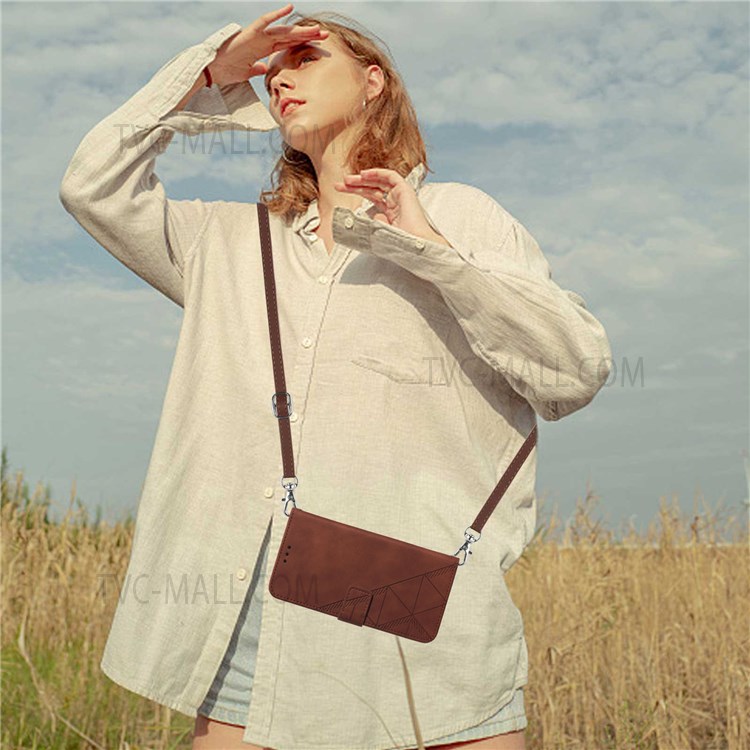 PB2-1 Series Imprinting Lines PU Leather + TPU Phone Case Stand Wallet Cover with Shoulder Strap for iPhone 6 Plus / 7 Plus / 8 Plus - Brown-9