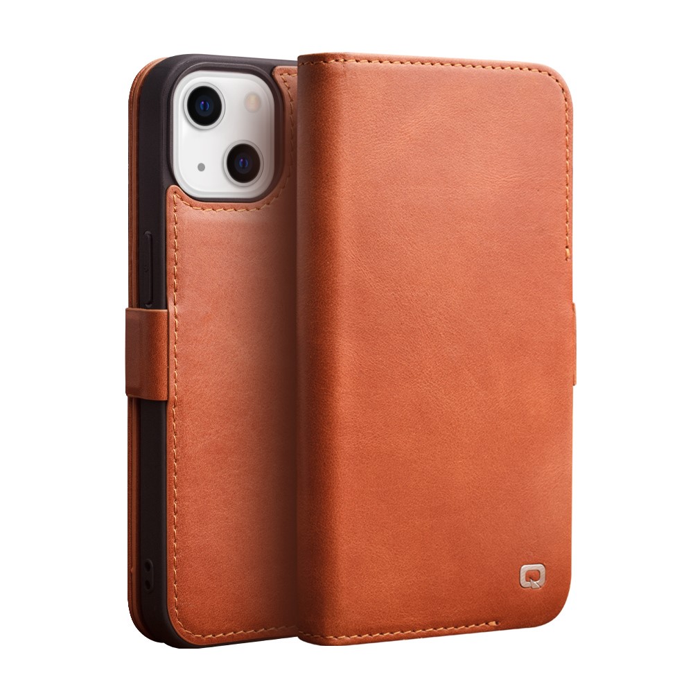 QIALINO Well-Protected Anti-Fall Magnetic Closure Wallet Design Genuine Leather Cell Phone Case for iPhone 13 mini 5.4 inch - Brown