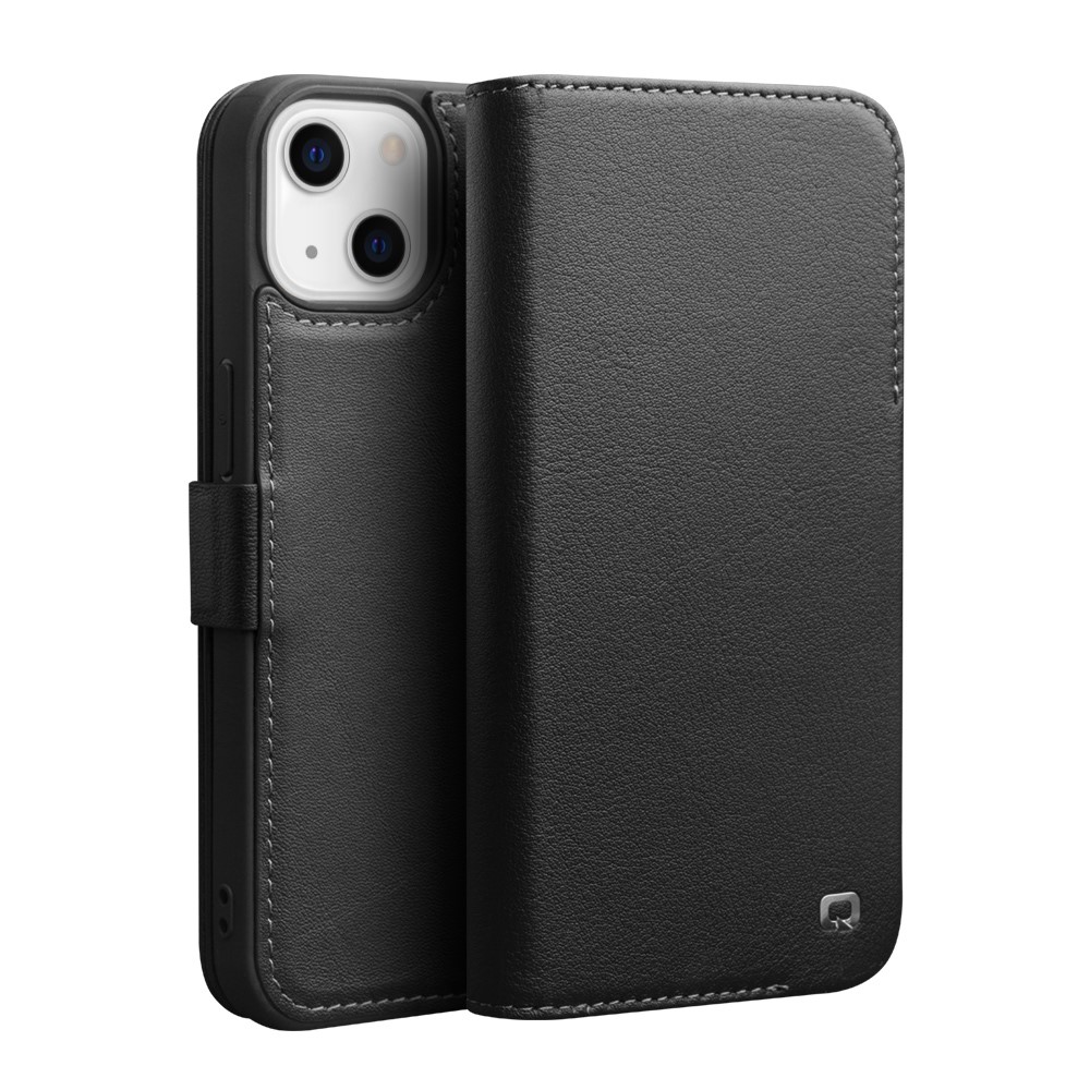 QIALINO Magnetic Closure Flip Folio Wallet Design Genuine Leather Cover Phone Case with View Window for iPhone 13 6.1 inch - Black-1