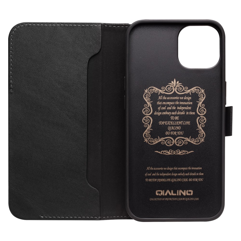 QIALINO Magnetic Closure Flip Folio Wallet Design Genuine Leather Cover Phone Case with View Window for iPhone 13 6.1 inch - Black-4