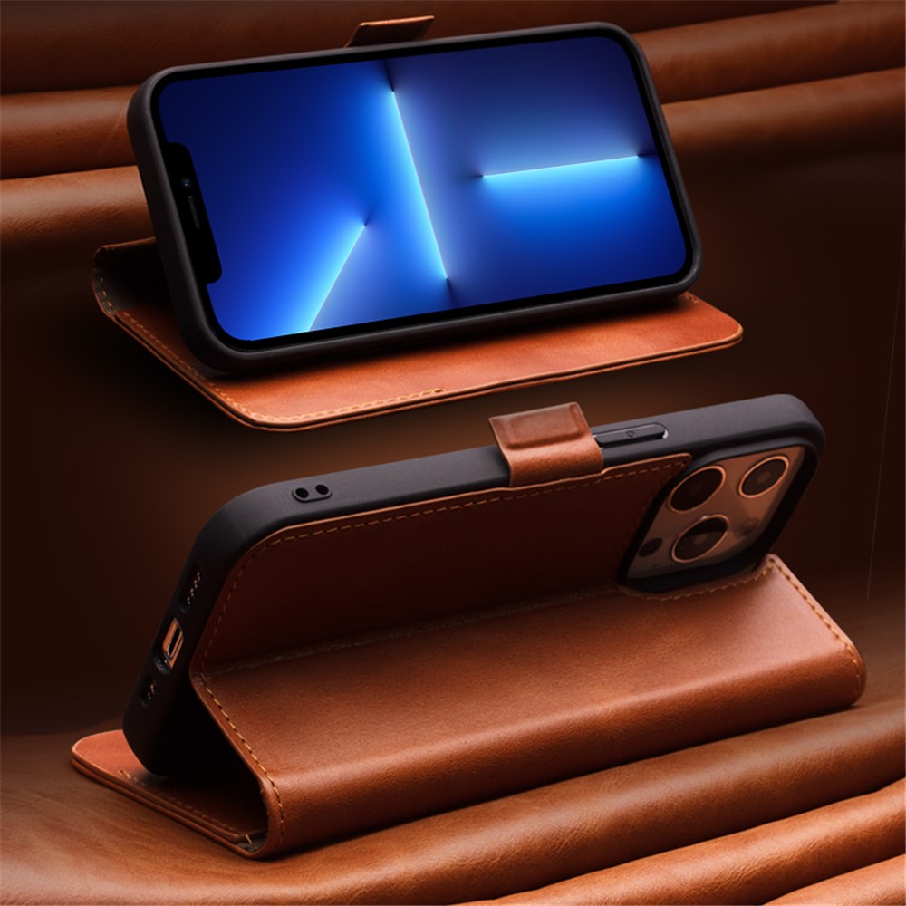 QIALINO Magnetic Closure Flip Folio Wallet Design Genuine Leather Cover Phone Case with View Window for iPhone 13 6.1 inch - Black-6