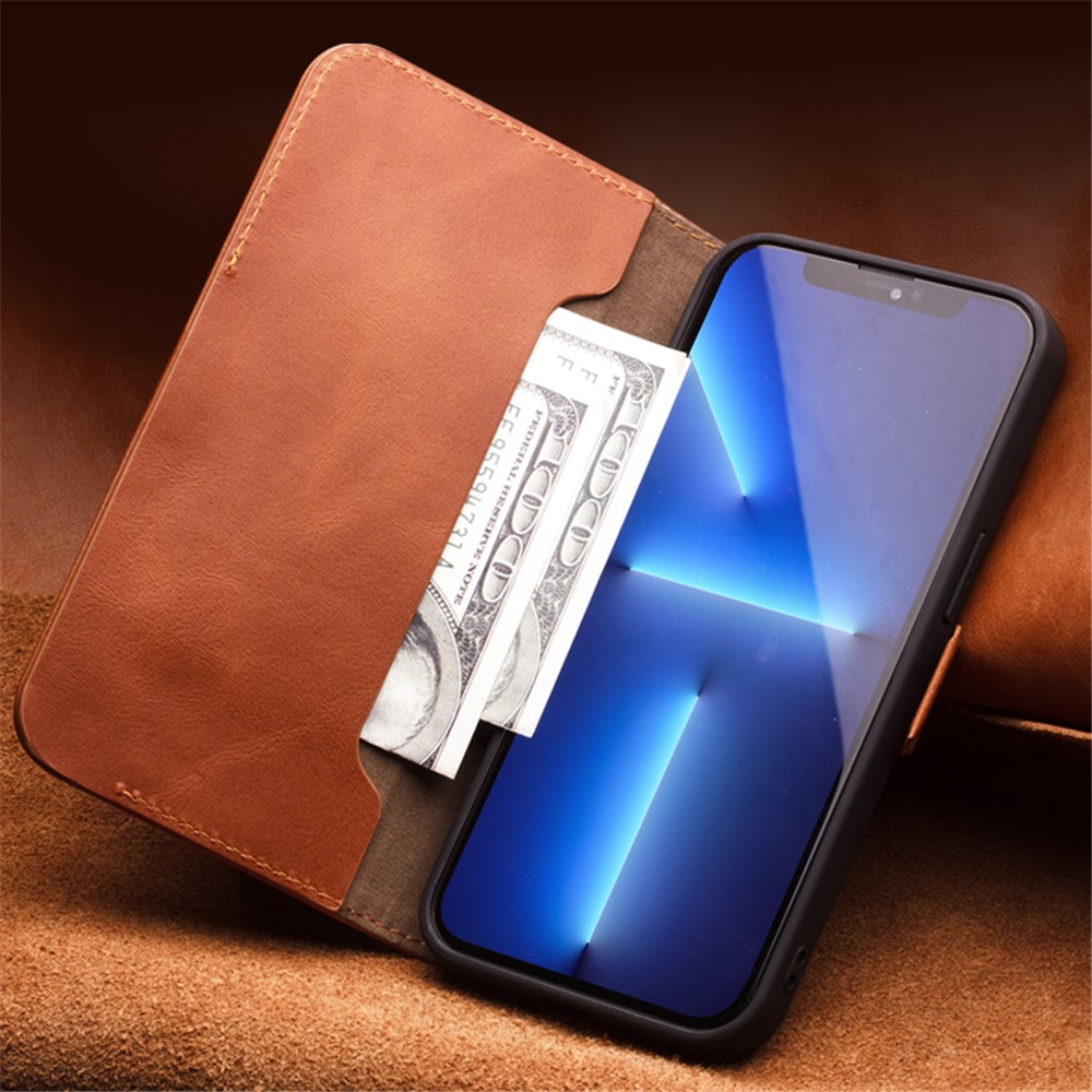 QIALINO Magnetic Closure Flip Folio Wallet Design Genuine Leather Cover Phone Case with View Window for iPhone 13 6.1 inch - Black-7
