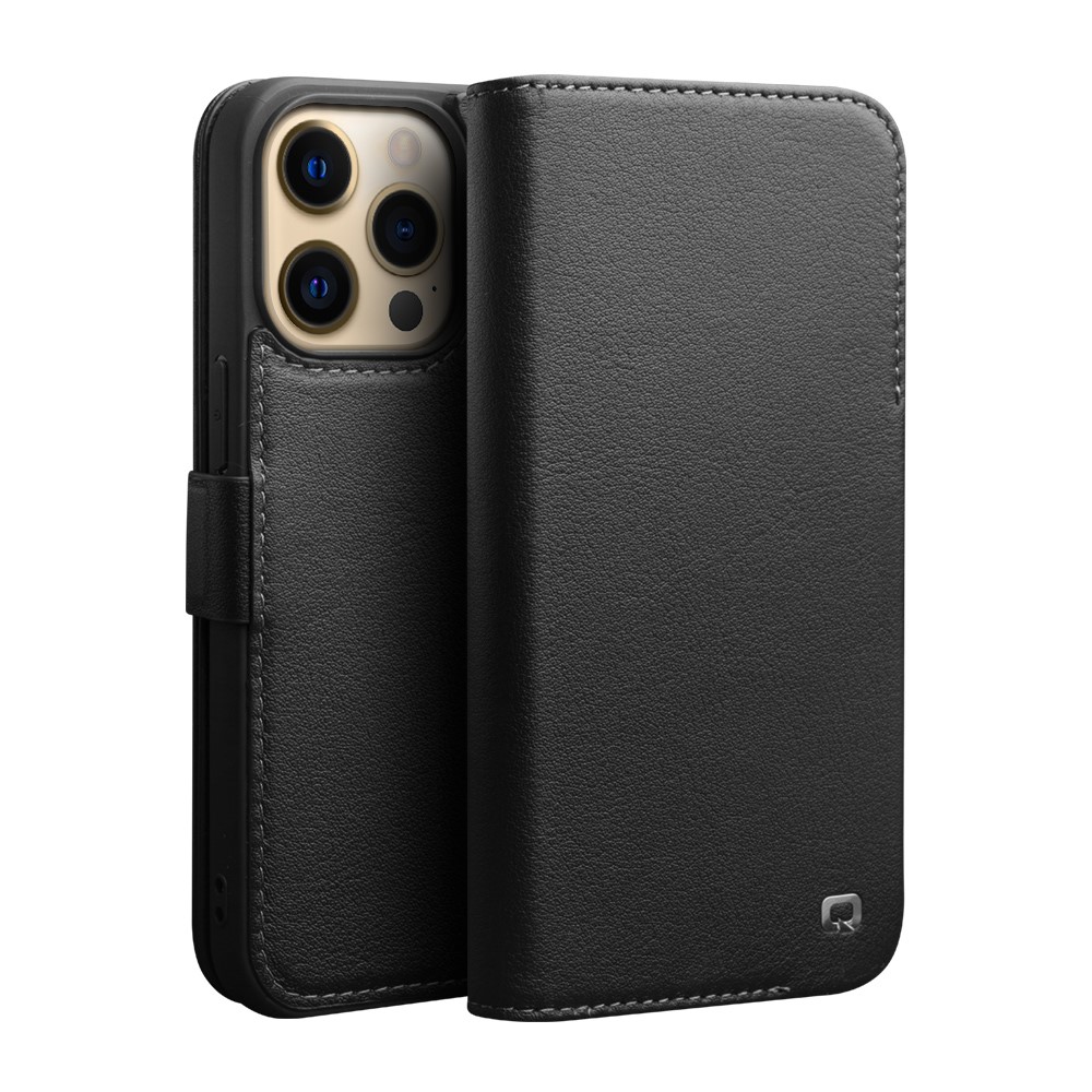 QIALINO Magnetic Closure Anti-scratch Drop-proof Wallet Design Genuine Leather Protective Phone Case with View Window for iPhone 13 Pro Max 6.7 inch - Black-1