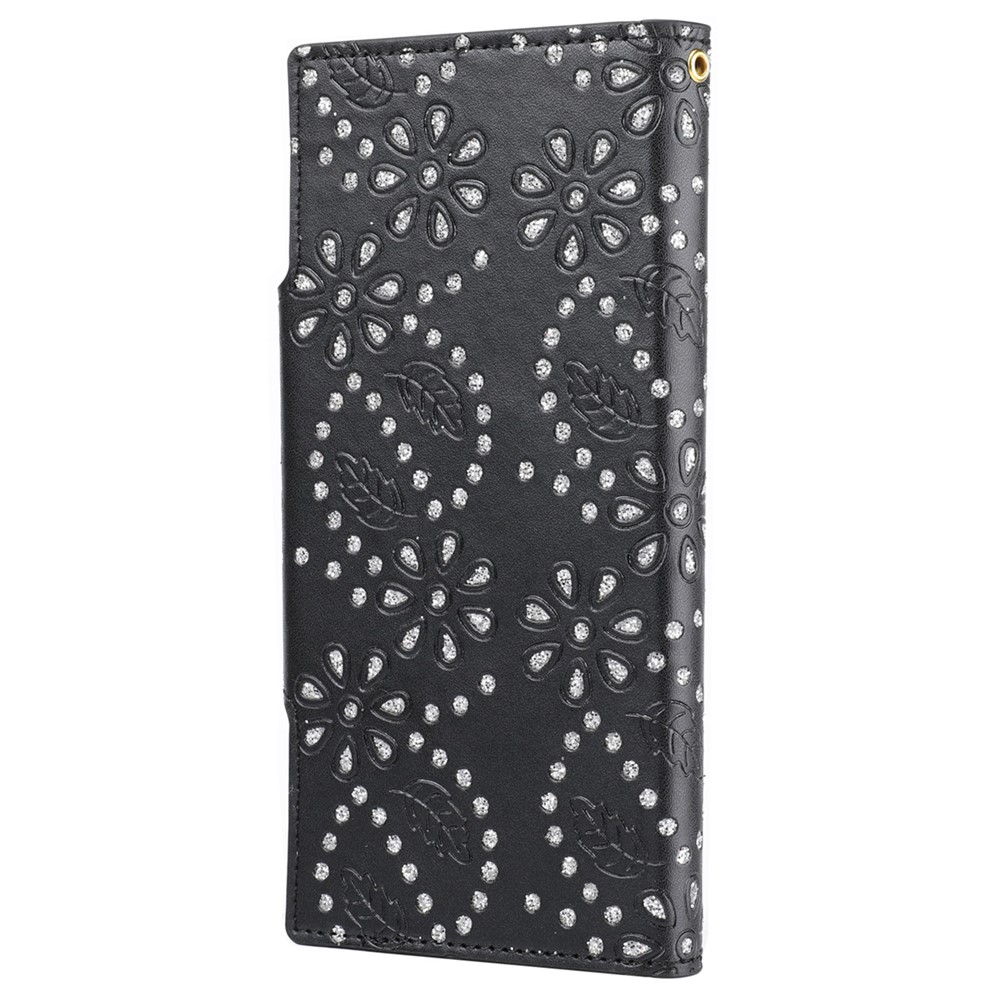 For iPhone 13 6.1 inch Leaf Imprint Glitter Flower Ultra-thin Phone Case Detachable PU Leather Wallet Cover - Black-3