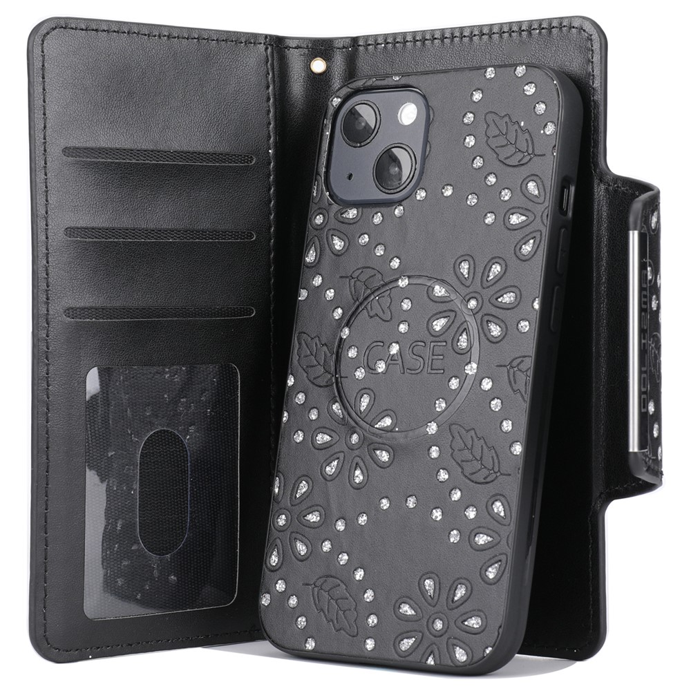 For iPhone 13 6.1 inch Leaf Imprint Glitter Flower Ultra-thin Phone Case Detachable PU Leather Wallet Cover - Black-5