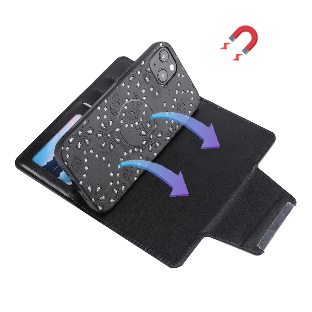 For iPhone 13 6.1 inch Leaf Imprint Glitter Flower Ultra-thin Phone Case Detachable PU Leather Wallet Cover - Black-6