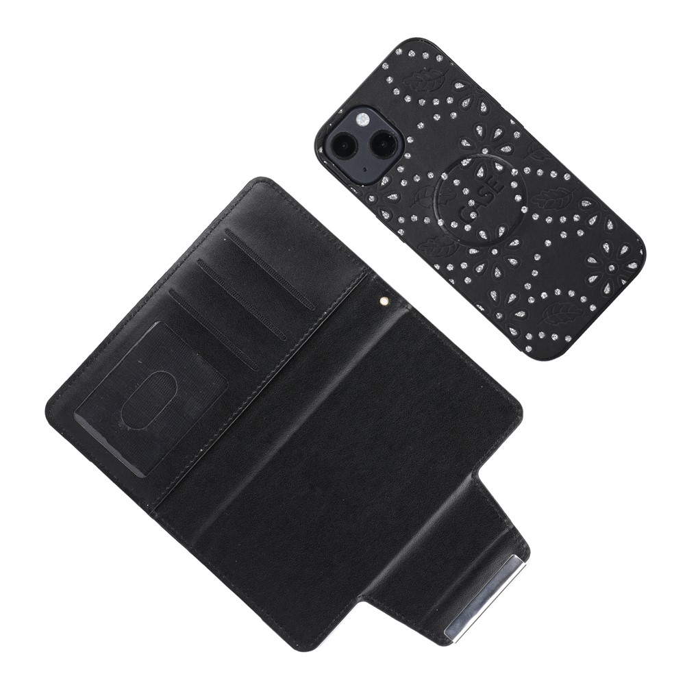 For iPhone 13 6.1 inch Leaf Imprint Glitter Flower Ultra-thin Phone Case Detachable PU Leather Wallet Cover - Black-7