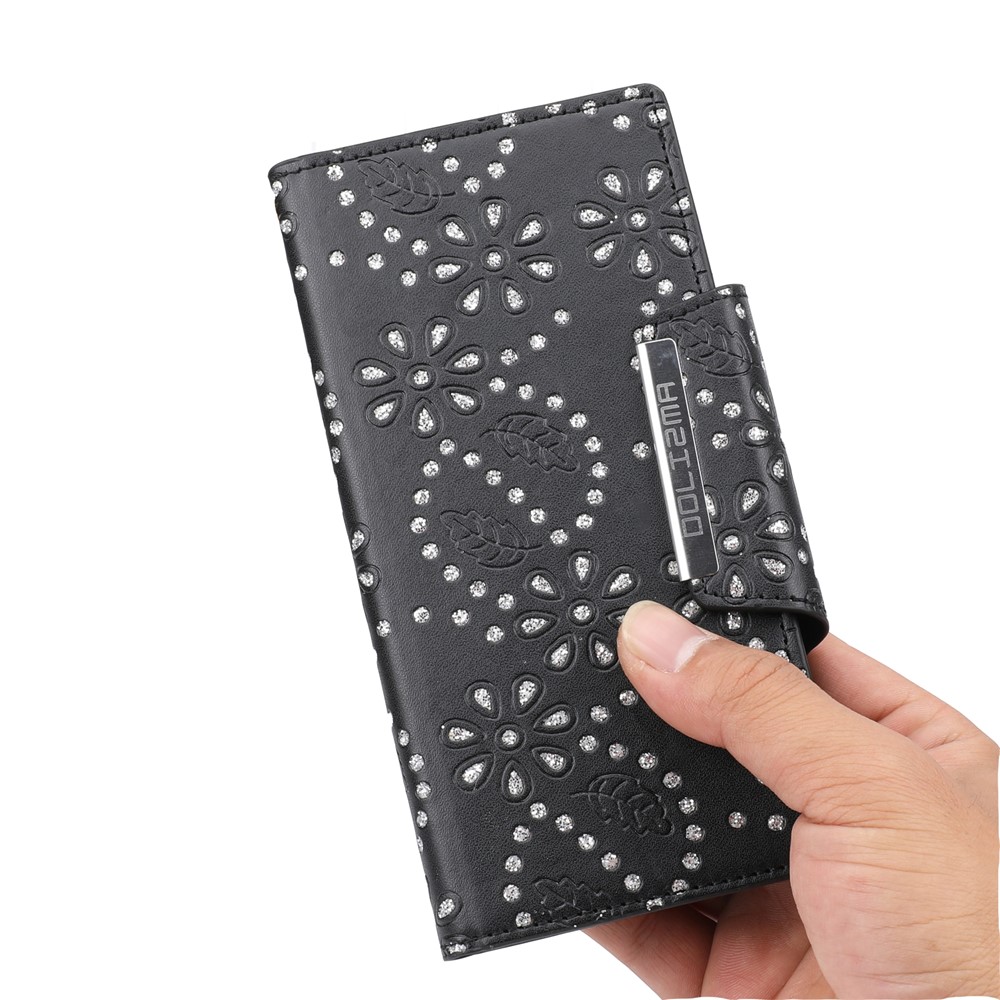 For iPhone 13 6.1 inch Leaf Imprint Glitter Flower Ultra-thin Phone Case Detachable PU Leather Wallet Cover - Black-8