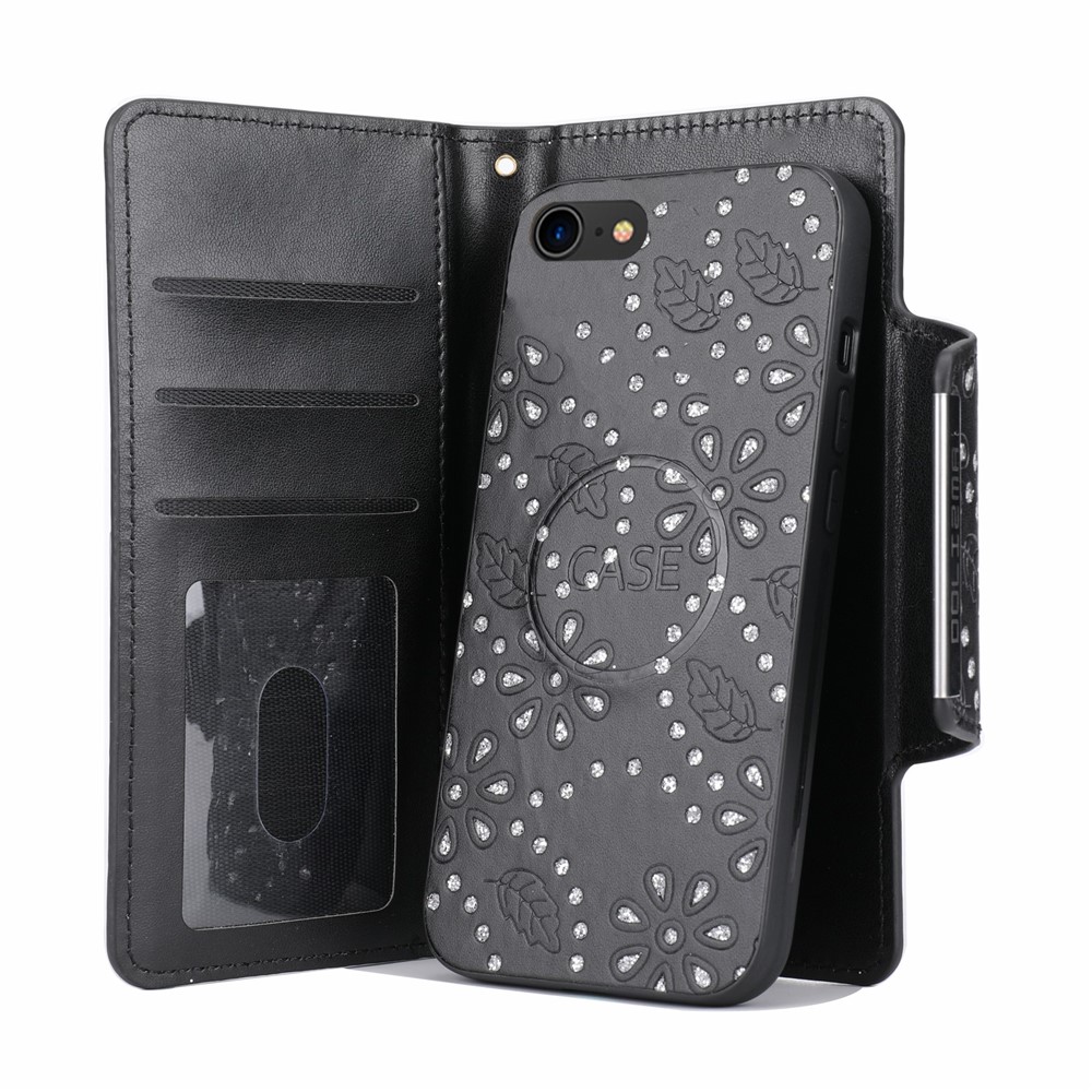Detachable Ultra-thin PU Leather Cell Phone Cover Leaf Imprint Glitter Flower Design Drop-proof Case with Wallet for iPhone 7/8 4.7 inch/SE (2nd Generation) - Black-2
