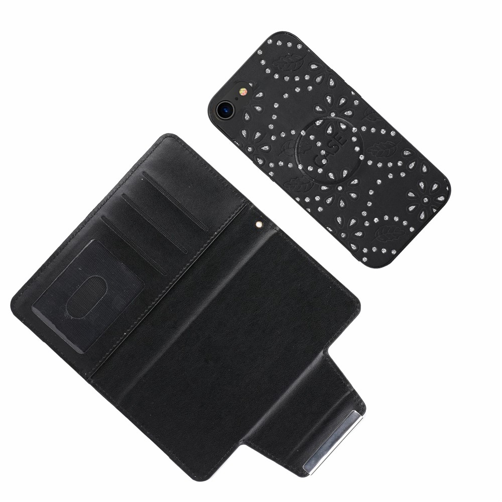Detachable Ultra-thin PU Leather Cell Phone Cover Leaf Imprint Glitter Flower Design Drop-proof Case with Wallet for iPhone 7/8 4.7 inch/SE (2nd Generation) - Black-4