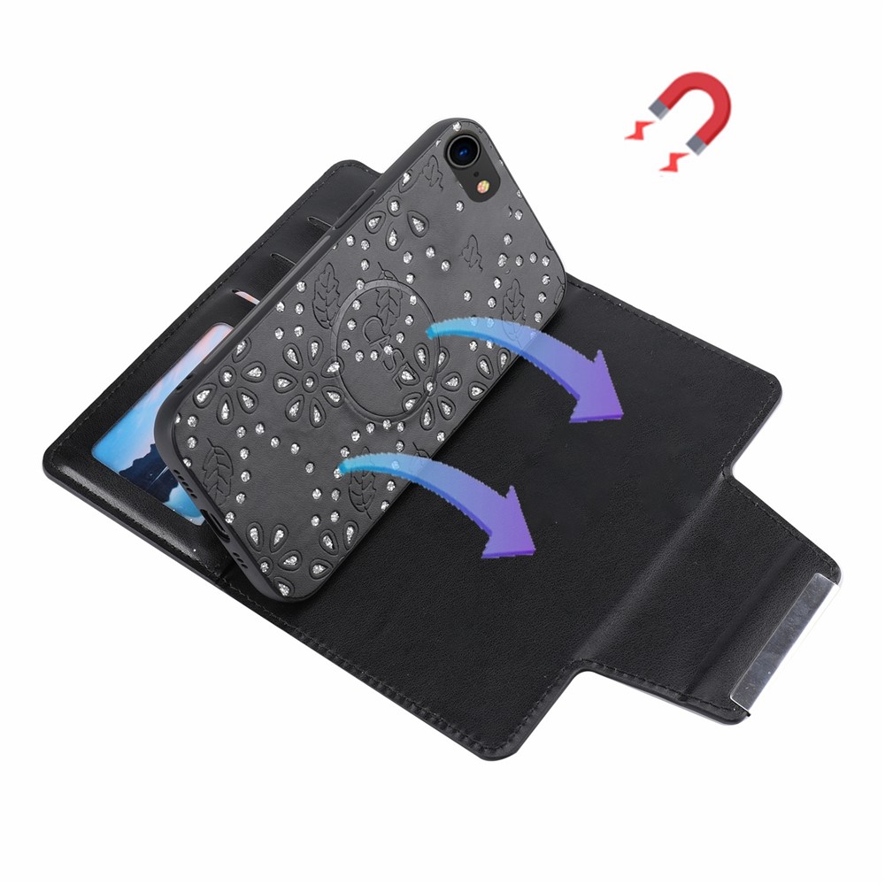 Detachable Ultra-thin PU Leather Cell Phone Cover Leaf Imprint Glitter Flower Design Drop-proof Case with Wallet for iPhone 7/8 4.7 inch/SE (2nd Generation) - Black-5