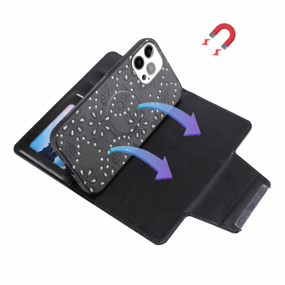 For iPhone 12 Pro Max 6.7 inch Leaf Imprint Glitter Flower Magnetic Clasp Phone Case Ultra-thin Detachable PU Leather Wallet Cover - Black-5
